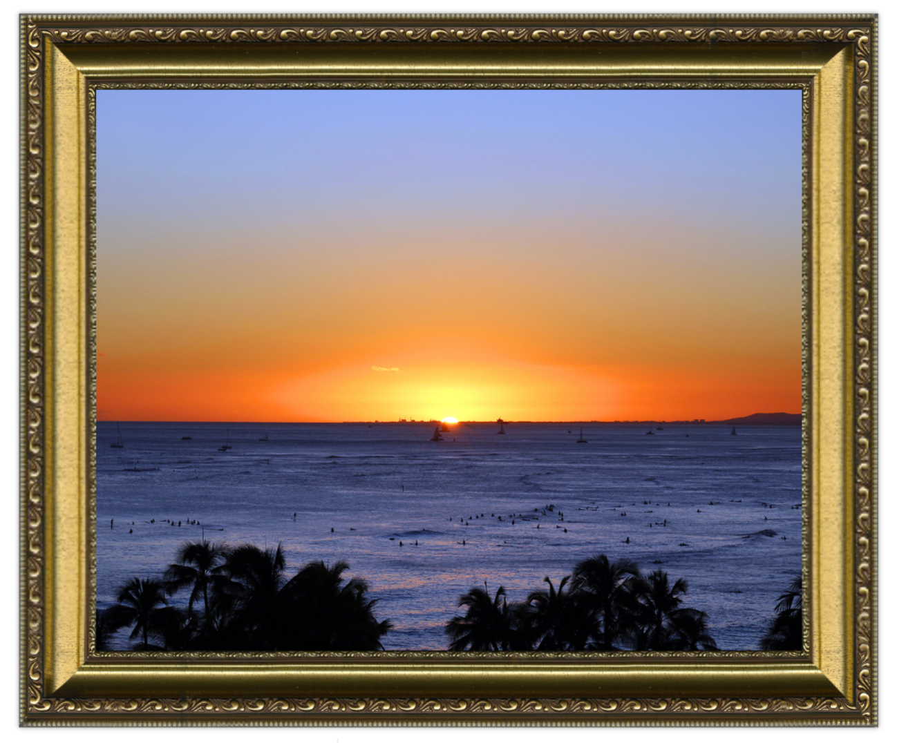 Sunset over the ocean with palm trees and a decorative gold frame.