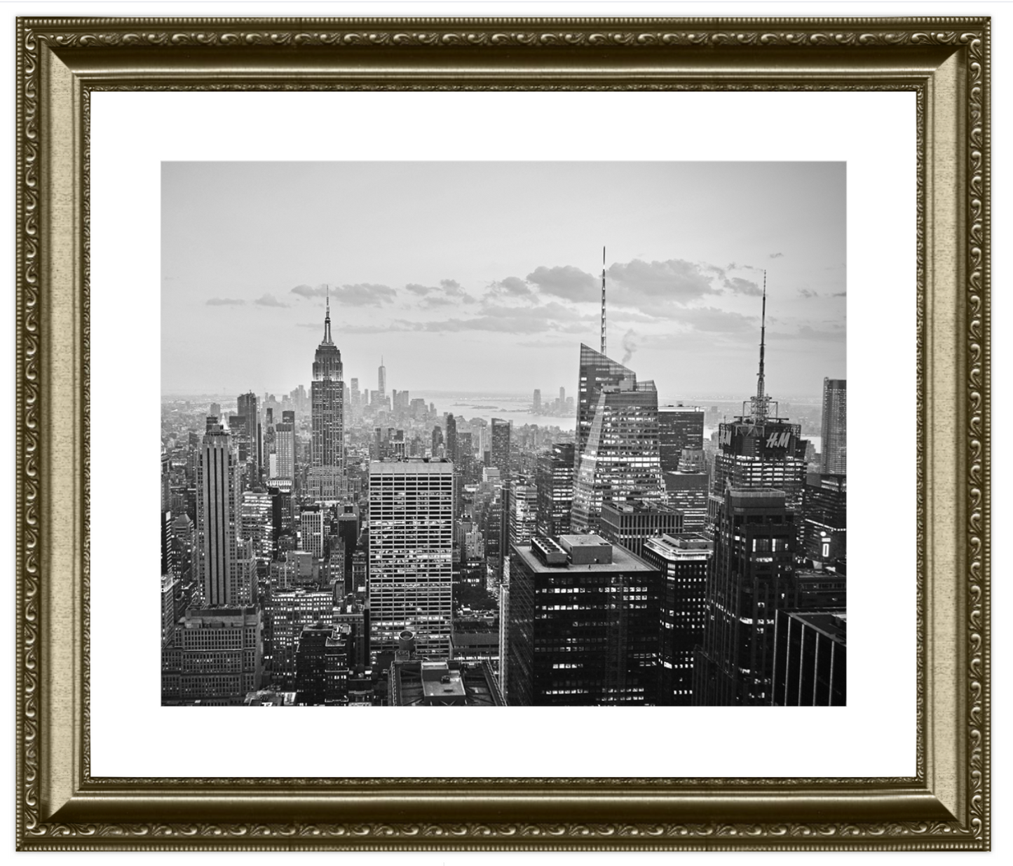 Framed black and white cityscape print with detailed frame