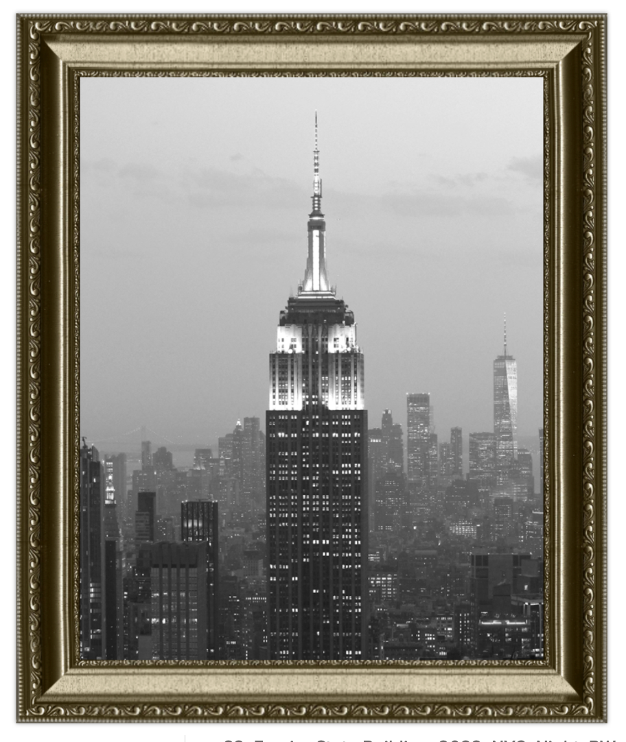 Framed black and white photo of a city skyline with a prominent skyscraper.