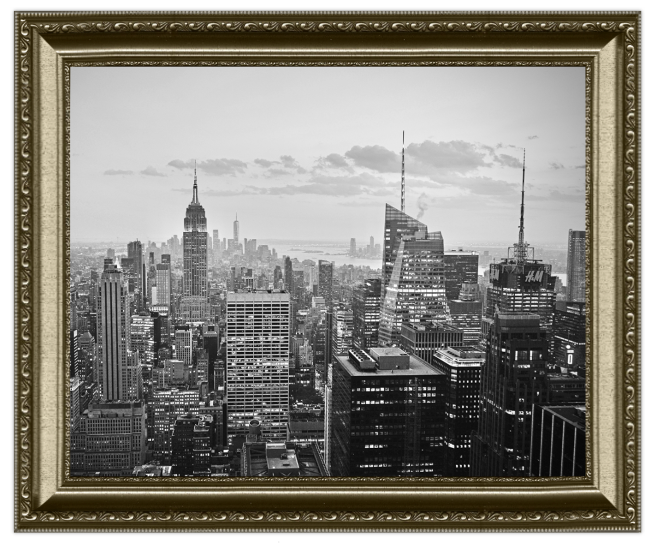 Framed black and white cityscape with tall buildings