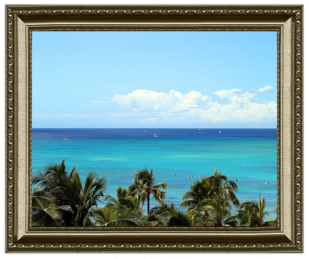 Tropical beach scene with palm trees and teal ocean