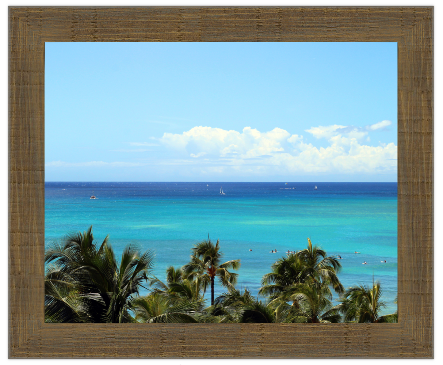 Tropical beach scene with palm trees and teal ocean, wood frame