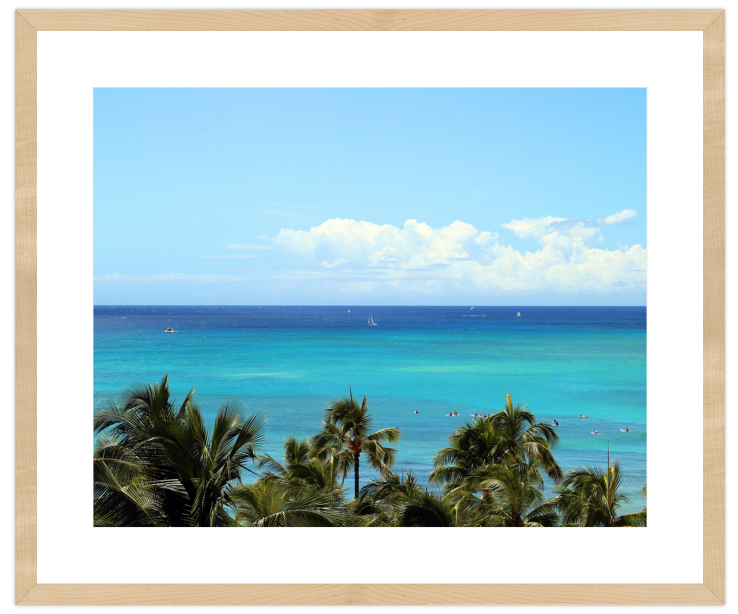 Tropical beach scene with palm trees and teal ocean