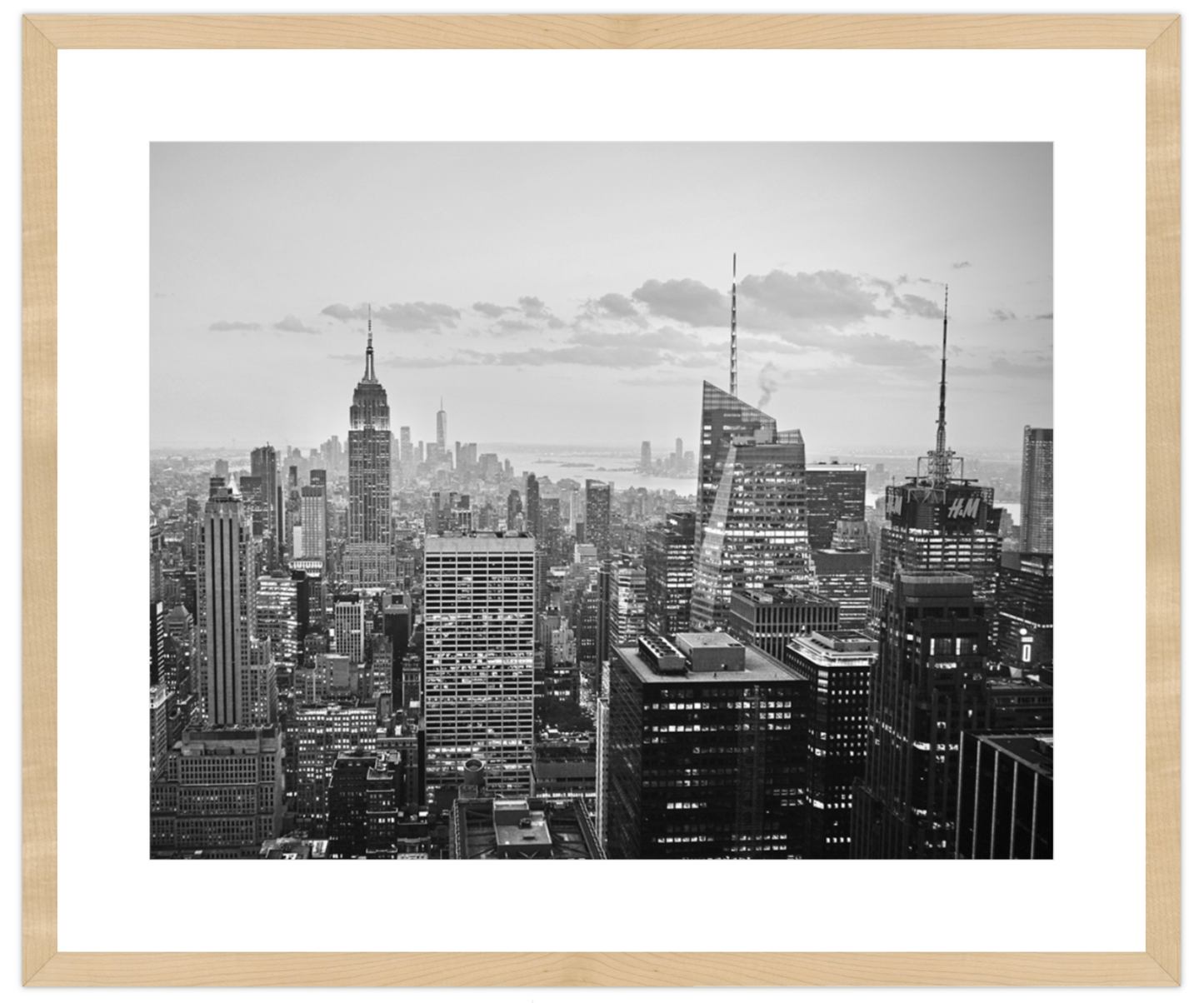 Framed black and white cityscape print of a skyline