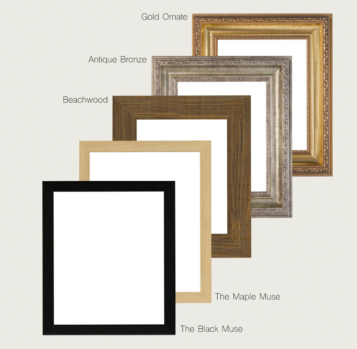 Collection of picture frames in various styles and colors on a light gray background.