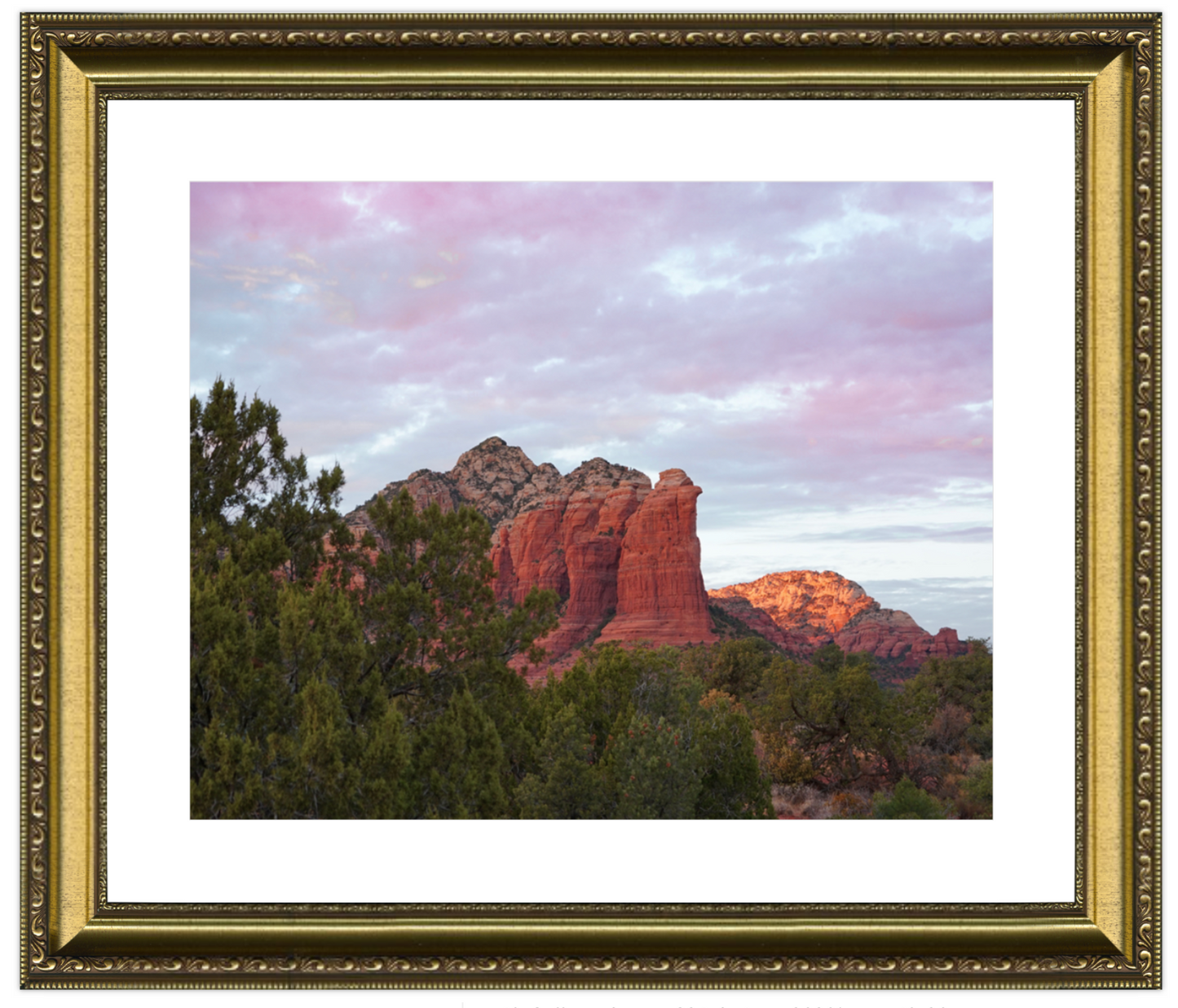 Framed photograph of a desert landscape with red rock formations and green trees.