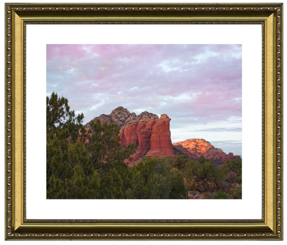 Framed photograph of a desert landscape with red rock formations and green trees.