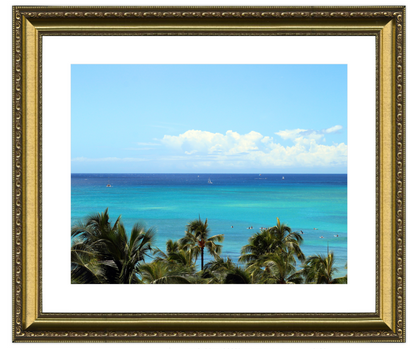 Tropical beach scene with palm trees and teal ocean