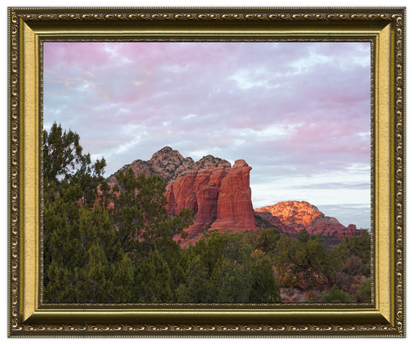 Framed photograph of a desert landscape with red rock formations and green trees.