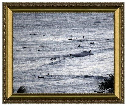 Framed artwork of a whale in the ocean with surfers, framed in gold.
