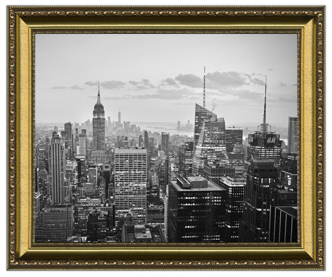 Framed black and white cityscape with tall buildings