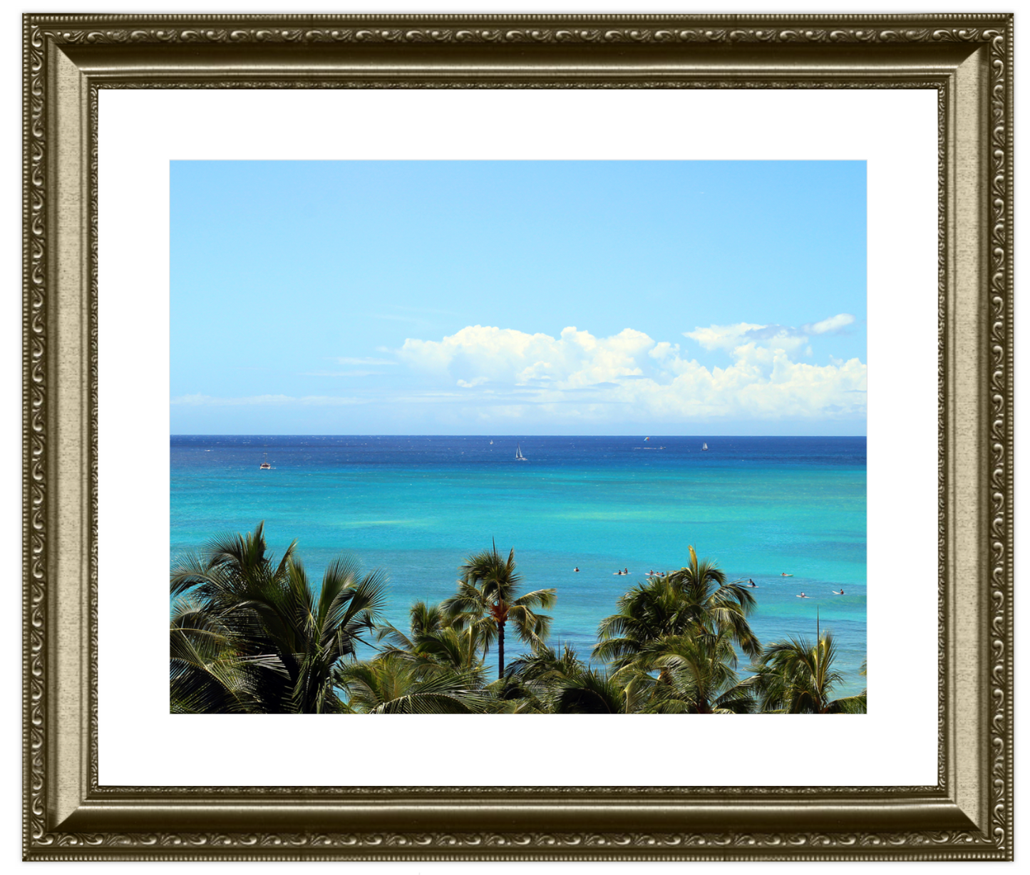 Tropical beach scene with palm trees and teal ocean