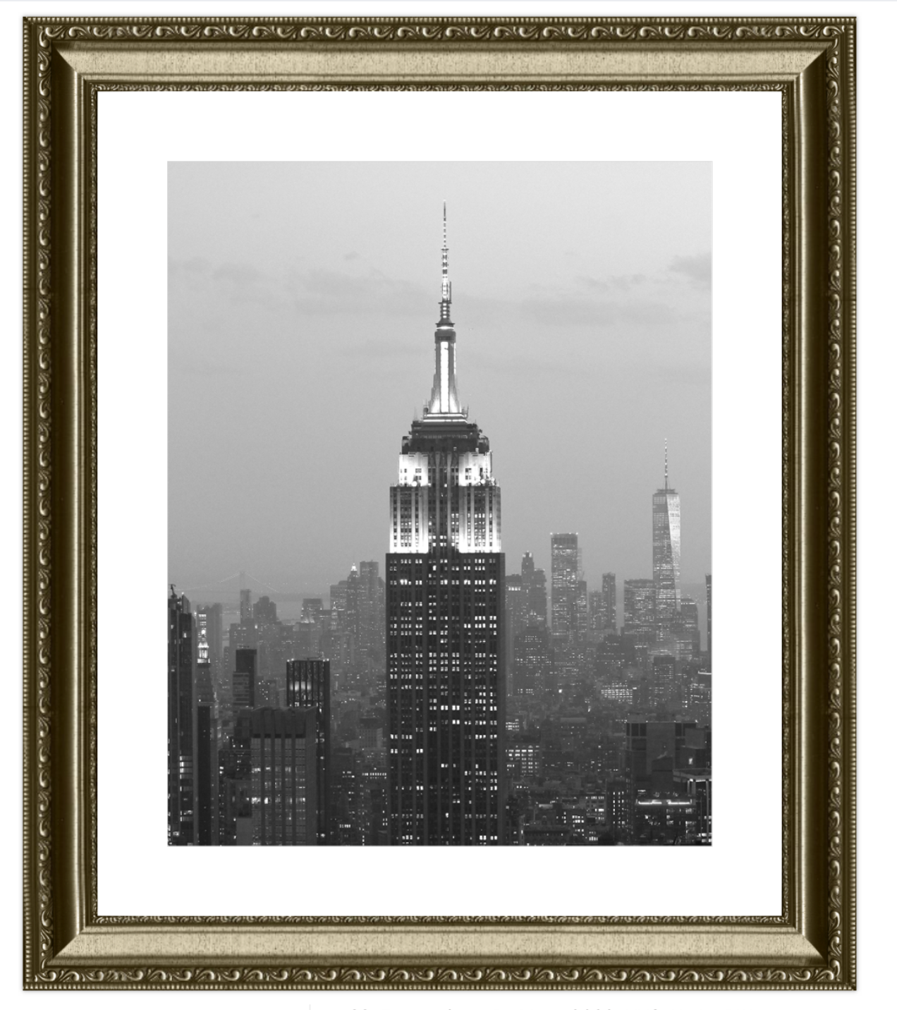 Framed black and white photo of a city skyline with the Empire State Building.