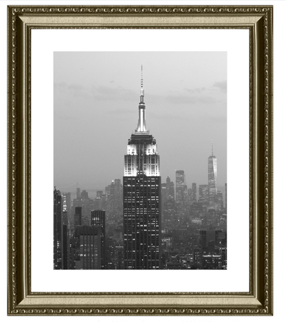 Framed black and white photo of a city skyline with the Empire State Building.