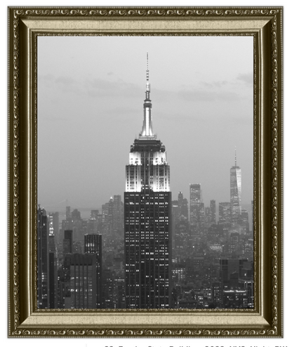 Framed black and white photo of a city skyline with a prominent skyscraper.
