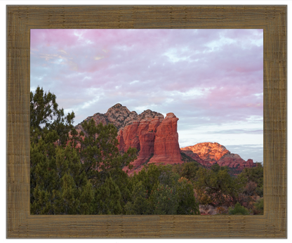 Framed photograph of red rock formations with a wooden frame