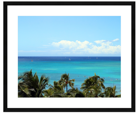 Tropical beach scene with palm trees and teal ocean