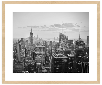 Framed black and white cityscape print of a skyline