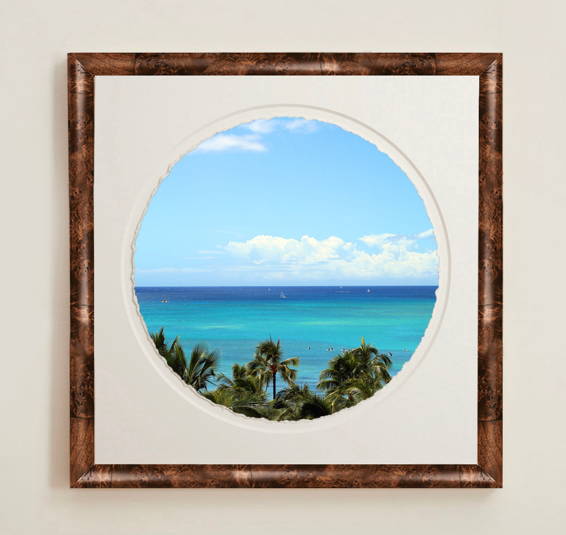 A collection of framed artwork prints with a deckled edge appearance, displayed in two museum style frames named Light Burlwood and Dark Burlwood. The frames are pictured in various sizes with a white mat and clear acrylic front.