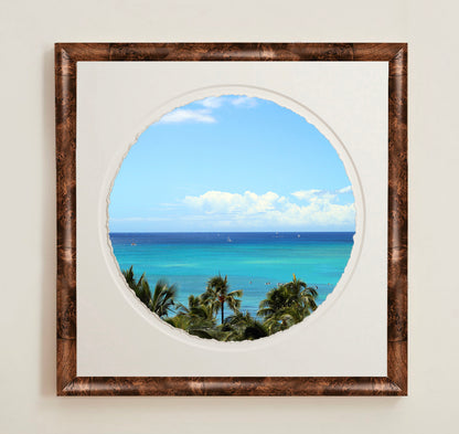 A collection of framed artwork prints with a deckled edge appearance, displayed in two museum style frames named Light Burlwood and Dark Burlwood. The frames are pictured in various sizes with a white mat and clear acrylic front.