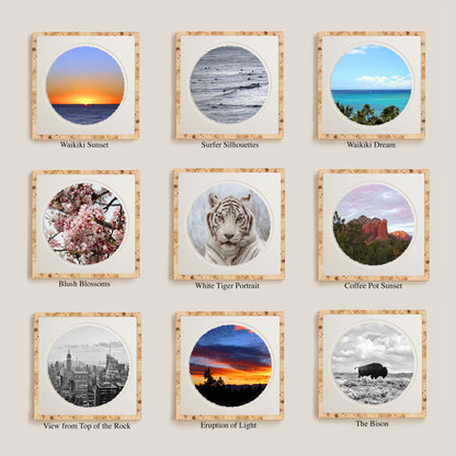 Set of framed prints with various landscapes and nature scenes on a wall.